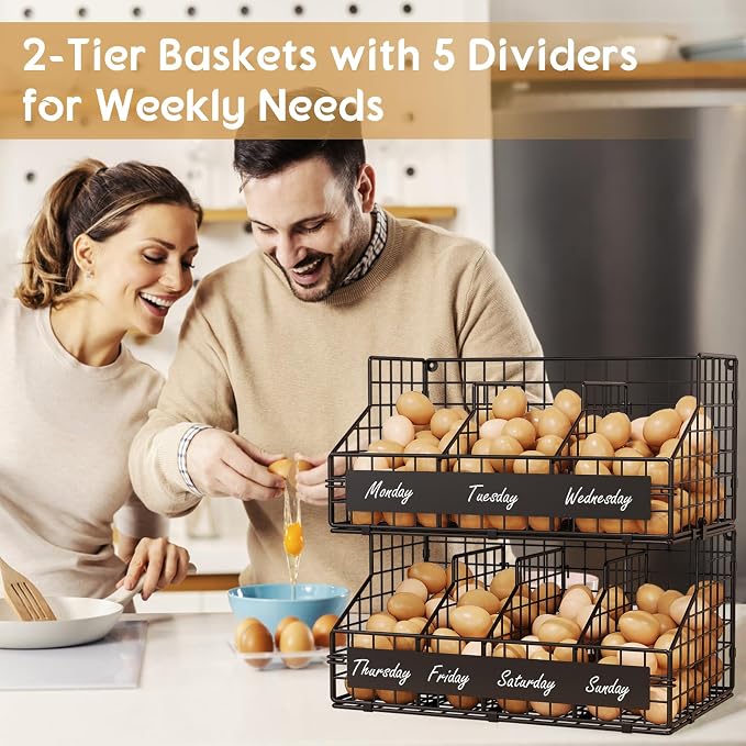 Egg Holder Countertop,Metal Egg Rack with Adjustable Dividers & DIY Labels | 2-Tier Stackable Wire Baskets, XXL Egg Basket for Gathering Fresh Eggs - Wall-Mounted Egg Storage, Chicken Coop Accessories