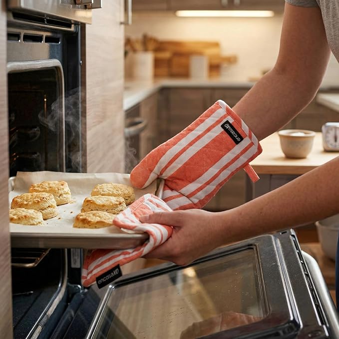 Encasa XO Oven Mitts and Pot Holders Set, Heat Resistant Cotton | Franca Orange Stripes, Diamond Quilted | Non-Slip Grip | Microwave & Oven Safe | Hanging Loop | Machine Washable | Set of 2