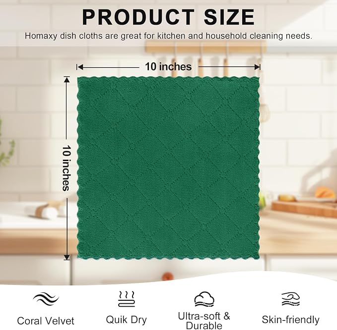 Homaxy 12 Pack Super Soft & Absorbent Dish Cloths, 10" x 10", Dark Green | Coral Velvet, Nonstick Oil Fast Drying Microfiber Cleaning Cloth, No Lint Household Dishcloths