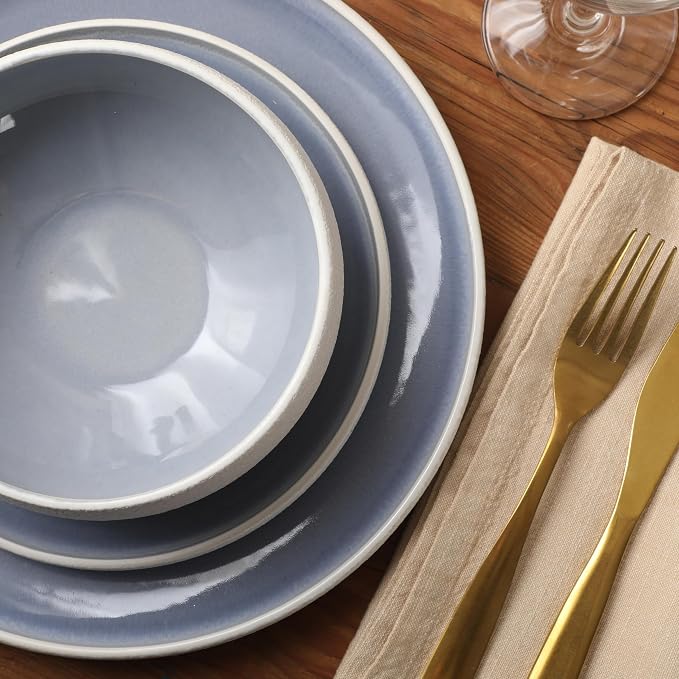 Gibson Elite Pacifco Beach Plates and Bowls Sets, 12-Piece Stoneware Dinnerware Sets, Reactive Glaze Dish Set - Blue