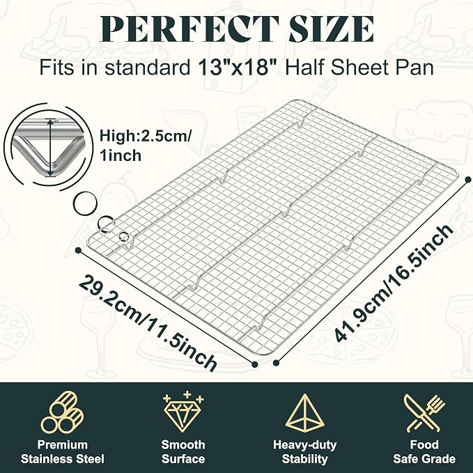 Cooling Racks for Cooking and Baking - 11.5"x16.5" Oven Safe Premium Stainless Steel Heavy Duty Baking Rack Tight-Wire, Fits Half Sheet Pan for Roasting & Grilling & Cooking - 1 Pack
