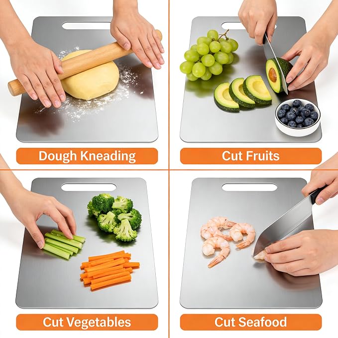 3-Piece 304 Stainless Steel Cutting Board Set (1mm Thick) – S:9.5"x6", M:11.8"x7.8", L:13"x9" Reversible Boards with Handle for Kitchen, Home & Outdoor Use