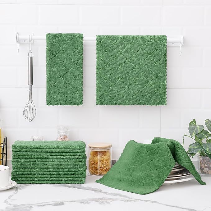 Homaxy 12 Pack Super Soft Absorbent Dish Towels, 10" x 20", Grass Green | Coral Velvet, Nonstick Oil Fast Drying Microfiber Cleaning Cloth, No Lint Dishcloths for washing and drying