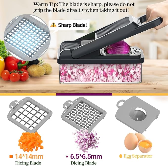 12-in-1 Vegetable Chopper 7 Blades, Veggie Cutter with Handle, Grey | Stainless Steel Blades, Food Container and Lid, Dicer, Slicer, Julienne, Egg Separator, Non-slip Base, Include Cleaning Tools