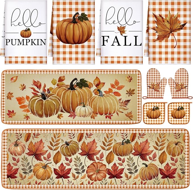 Fanfanwin 10 Pcs Fall Pumpkin Kitchen Decor Set Maple Leaves Kitchen Towels Pot Holders Oven Mitts and Rugs Set for Cooking Baking Gift Harvest Autumn Home Decor