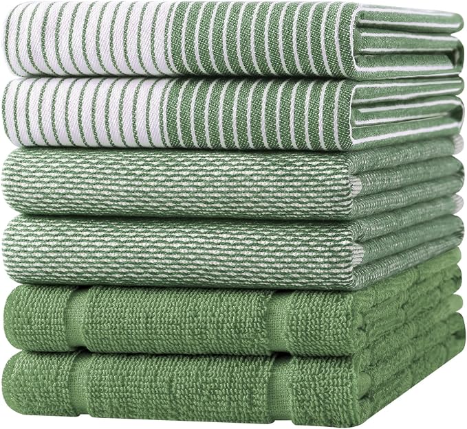 Homaxy 6 Pack Cotton Terry Premium Kitchen Towels, 18 x 28 in, Grass Green | Large 380 GSM Dish Towels, Highly Absorben Flat & Terry Kitchen Hand Towels, Soft Utility Tea Towel Set with Hanging Loop