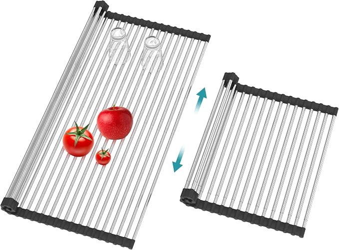 BBXTYLY Extra Large Expandable Roll Up Dish Drying Rack,Over The Sink Drying Rack Sink Cover Kitchen Sink Accessories Kitchen Rolling up Stainless Steel Drainer, Foldable,Rollable（Black，22.8''-17.3''）