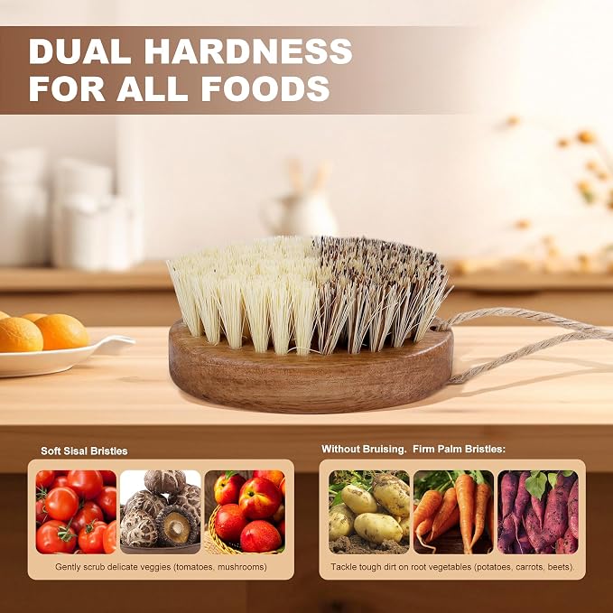 DEBETOOL 2-Pack Dual Bristle Wooden Vegetable Brush Scrubber for Food | Natural Produce & Potato Scrubber with Hanging Rope for Root Veggies, Carrots & Fruits