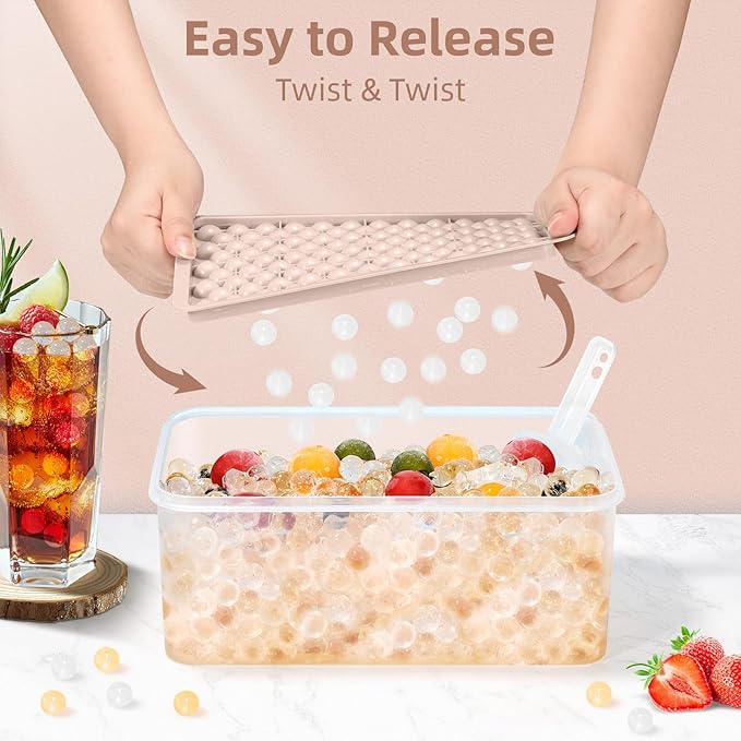 Mini Ice Cube Trays for Freezer with Lid, 0.55" Pebble Ice | 4 Trays-Pink, with Ice Box & Scoop. for Iced Coffee, Bottles, Juice & Everyday Drinks, Easy Twist Release, Stackable