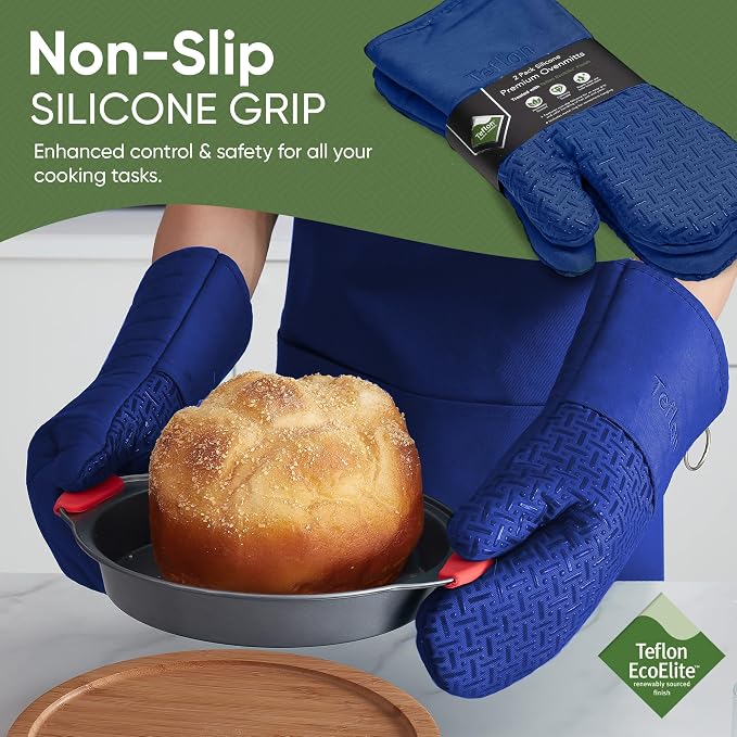 Xlnt Extra Long Oven Mitts (Blue) | Teflon EcoElite Water Repellent | Heat Resistant for Oven Cooking, Grill & BBQ | Non Slip Gloves with Teflon EcoElite Finish, Cotton Lining & Hanging Loop