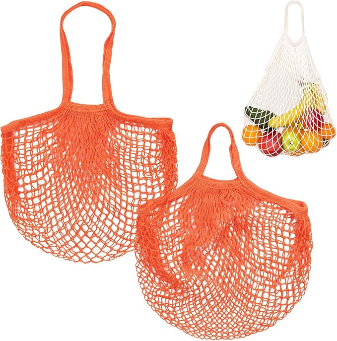 M METERXITY 2-Pack Cotton Mesh Bag, Reusable Washable Mesh Net String Grocery Bags, Reusable Produce Bags with Handle, Net Tote Bag for Fruits/Vegetables Shopping [Orange, Long&Short Handle]