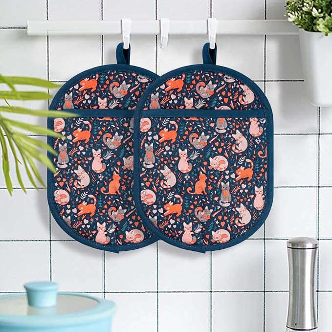 Pot Holders with Transparent Clear Silicone Shell and Nice Cat Flower | Potholders Cotton Lining Set of 2, Heat Resistant to 500 F Kitchen Oven Gloves for Cooking (Navy Cat, Potholders)