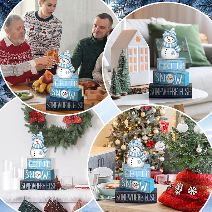 Lineshading 4 Pcs Wooden Snowman Tiered Tray Decor Block Signs Winter | Farmhouse Stacked Blocks, Let It Snow Somewhere Else Quote, Rustic Winter Seasonal Display for Shelves Mantels Tabletops
