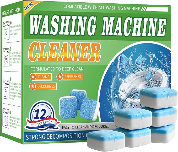 Washing Machine Cleaner Tablets 12 Pack - Deep Cleaning Tablets | for HE Front & Top Load Washers, Septic Safe, Eco-Friendly, Removes Residue & Odors