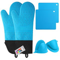 Silicone Oven Mitts and Pot Holders Set, MTZRFLL Extra Long Heat Resistant Oven Gloves with Hot Pads and Mini Oven Mittens for Grilling, Kitchen Cooking Baking, Soft Quilted Lining, Pack of 6 (Blue) | 500°F heat resistant, cotton lining, honeycomb non-...