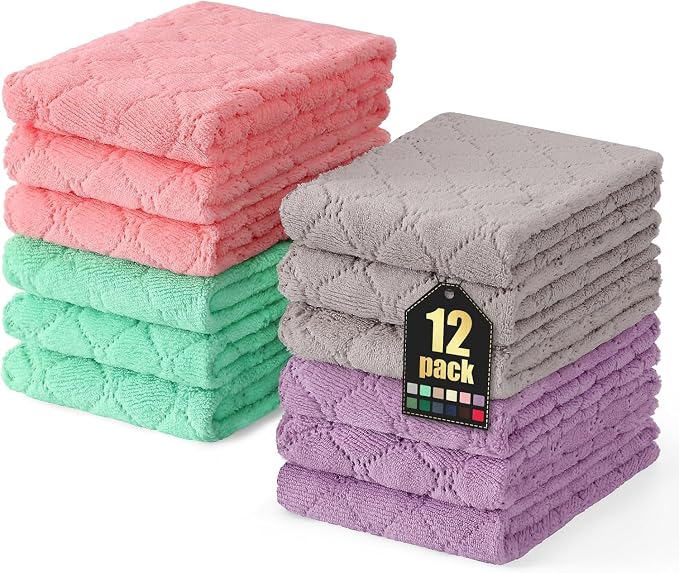 Homaxy 12 Pack Super Soft Absorbent Dish Towels, 10" x 20", Multi Color | Coral Velvet, Nonstick Oil Fast Drying Microfiber Cleaning Cloth, No Lint Dishcloths for washing and drying