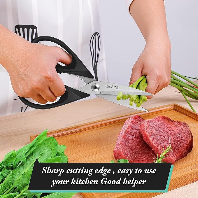 iBayam All Purpose Kitchen Shears with Protective Sheath, Black, 8.7 inch | Durable Stainless Steel Scissors, Dishwasher Safe, Soft Grip Comfort Handle, Built-In Bottle Opener