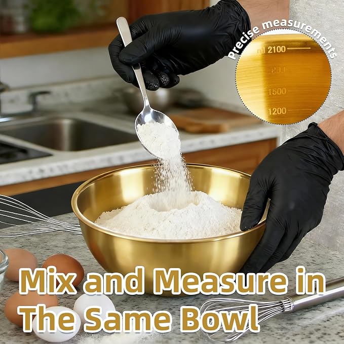 3-Set Stainless Steel Golden Mixing Bowls Set (8.26"+7.1"+6.3"), Metal Bowl with Measurement Marks, Dishwasher Safe & Stackable - Perfect for Baking, Salad Making, Meal Prep and Kitchen Use