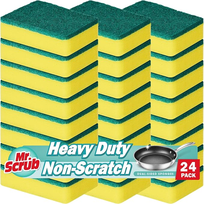 Mr. Scrub Sponges Kitchen Scrub Dish Sponge Scouring Pad, 24 Pack Cleaning Brush Scrubber Supplies for Soap, Dishwashing Dinnerware Sets Pan Pot Towels Cloth Rags Holder Glass Dishwasher Sink Bathroom