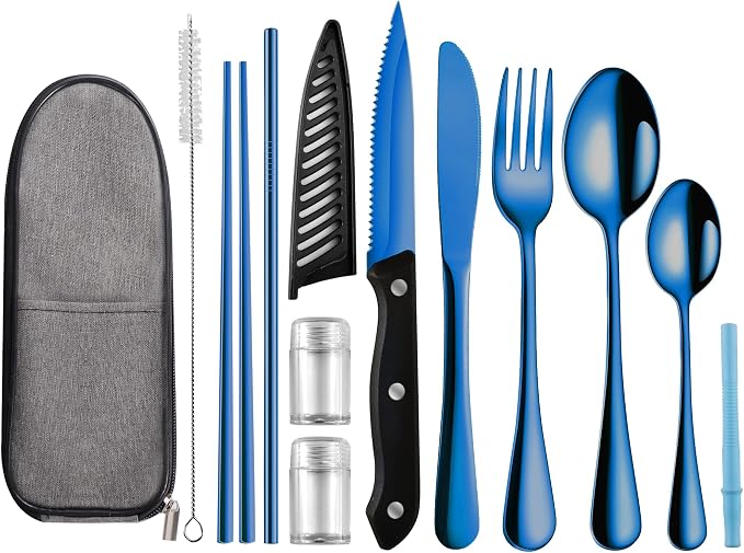 Logcow Travel Utensils Set with Case, 10-Piece Reusable Stainless Steel Camping Cutlery, Portable Fork Spoon Knife Chopsticks & Straw for Work, Lunch, Picnic (Blue)