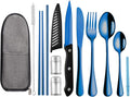 Logcow Travel Utensils Set with Case, 10-Piece Reusable Stainless Steel Camping Cutlery, Portable Fork Spoon Knife Chopsticks & Straw for Work, Lunch, Picnic (Blue)