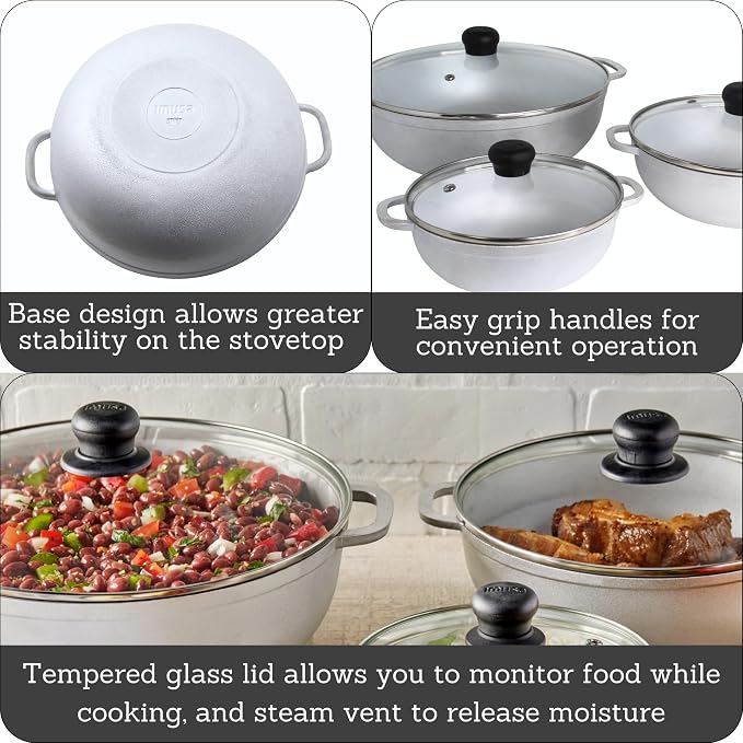 IMUSA 1.5, 2.5 & 5.2 Qt Cast Aluminum Caldero 3 Piece Set with Glass Lid | Polished Finish, Glass Lid with Riveted Handles, Ideal for Rice and Stews, Perfect for Serving Medium and Small Groups