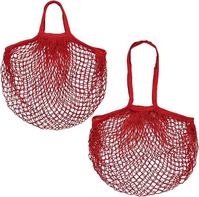 M METERXITY 2-Pack Cotton Mesh Bag, Reusable Washable Mesh Net String Grocery Bags, Reusable Produce Bags with Handle, Net Tote Bag for Fruits/Vegetables Shopping [Red, Long&Short Handle]