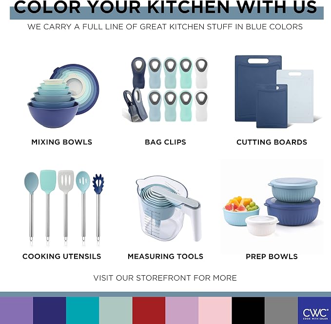 COOK WITH COLOR Mixing Bowls with Lids - 12 Piece Plastic Nesting Bowls Set includes 6 Prep Bowls and 6 Lids, Microwave Safe Mixing Bowl Set, Blue Embossed
