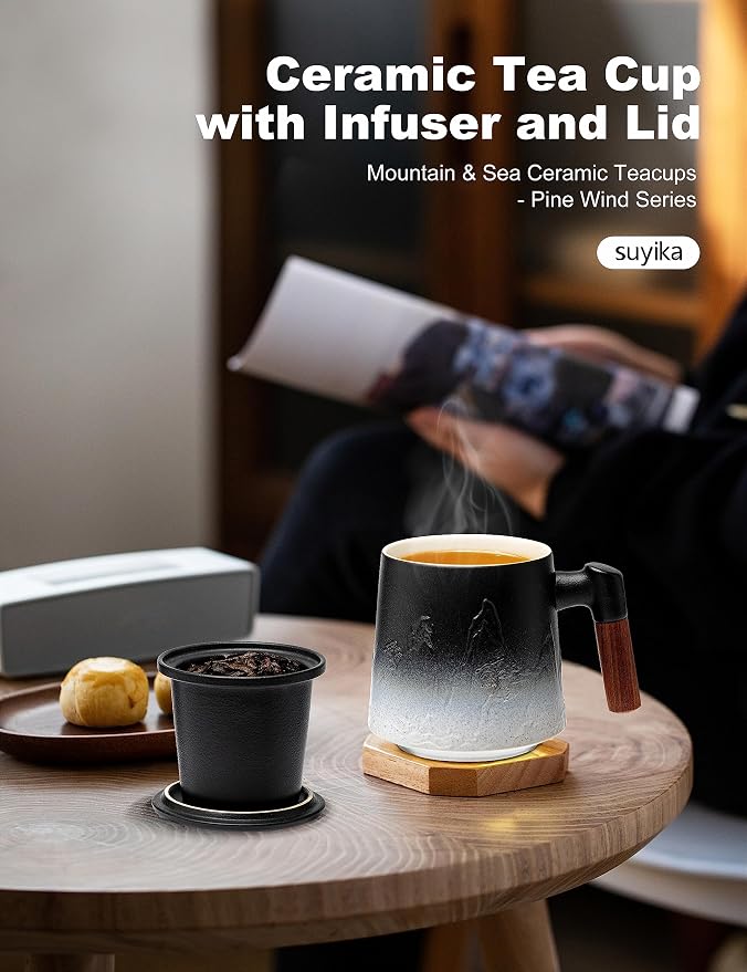 suyika Ceramic Tea Cup with Infuser and Lid, Gradient Embossed Large Tea Mug Wooden Handle for Steeping Loose Leaf, Tea Lover Gifts 15.2 oz / 450 ml,Matte Black | Gradient Embossed, Large Tea Mug, Wooden Handle