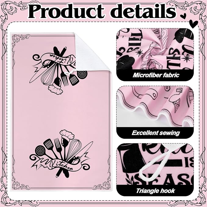 4 Pcs Funny Pink Kitchen Towels Absorbent Hand Tea Dishcloths | This Kitchen Is Seasoned with Love Decorative Dish Towels with Hanging Loop for Home Housewarming Gift Decor Accessories