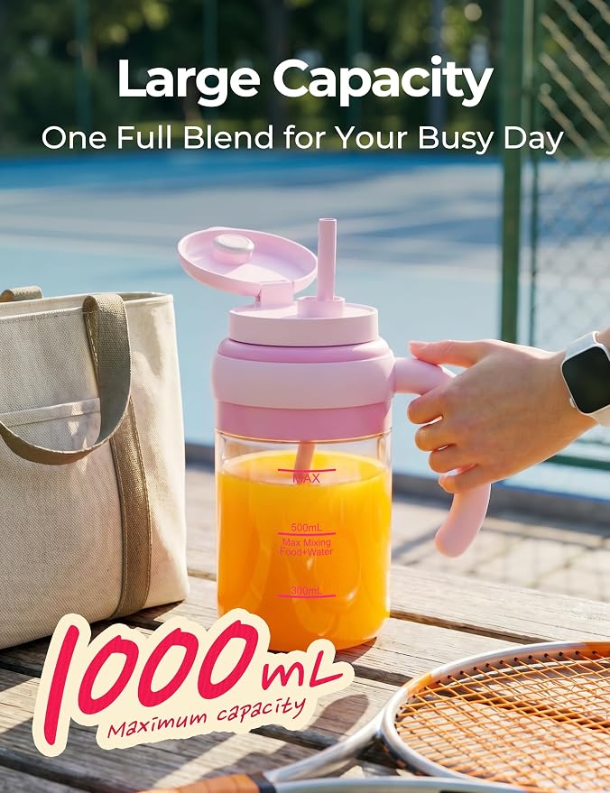 Portable Juicer Blender Cup, USB-C Rechargeable, Pink | LED display, cordless use and dual lids for fruit drinks, protein shakes and small ice cubes; 500ml max blending.
