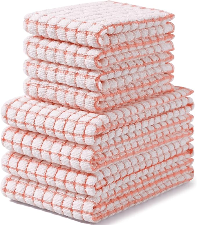 Homaxy Kitchen Towels and Dishcloths Set, Set of 8, Coral | Cotton Terry Kitchen Dish Towels, Super Soft and Absorbent Dish Cloths, 16 x 25 and 12 x 12 Inches
