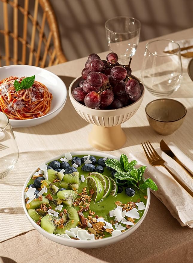 Quatish Pasta Bowls 30oz Set of 6, Salad Bowls Soup Bowl for Kitchen, Microwave & Dishwasher Safe, Large Porcelain Wide and Shallow Serving Bowl, White Dinner Plates, Dinnerware Set, Gift