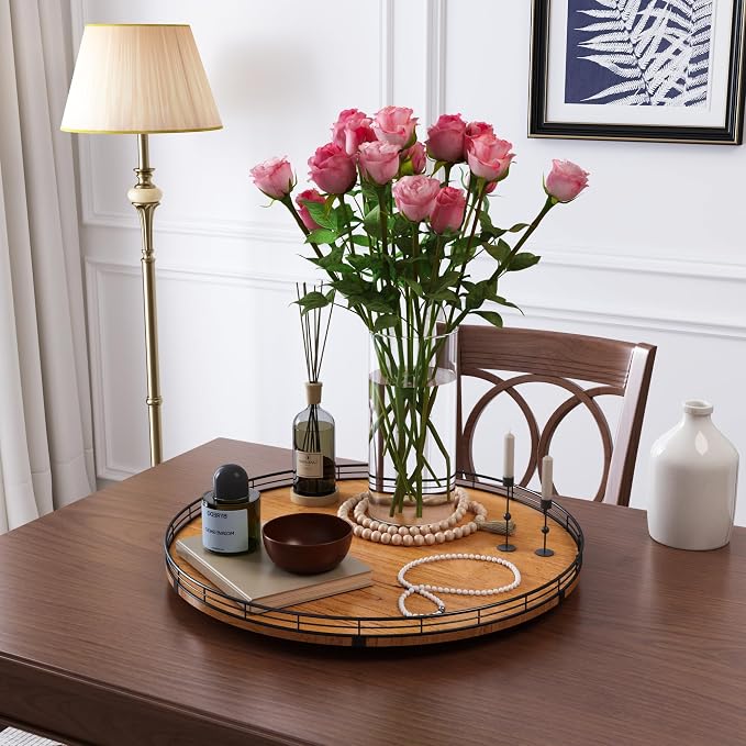 AMH 21-Inch Walnut-Finish Wooden Lazy Susan Organizer for Dining Table | Smooth rotating oak tray with walnut finish for dining tables, kitchen counters, pantries and cabinet storage.