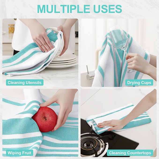 Homaxy Premium Cotton Stripe Kitchen Towels 6 Pack, 18"x 28", Teal | Large 380 GSM Kitchen Hand Towels, Soft Terry Dish Towels, Highly Absorbent Tea Towel Set with Hanging Loop