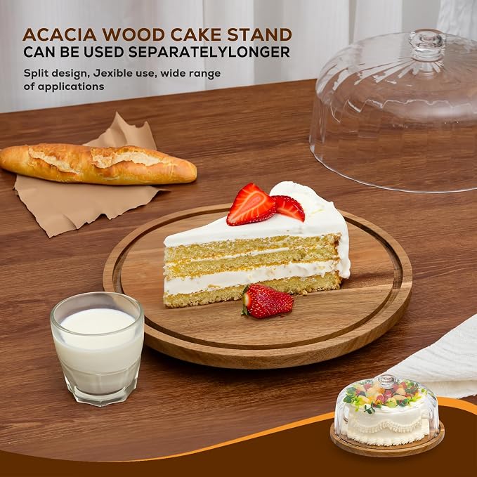 Cake Stand with Lid, Rotating Cake Holder with Dome, Wood Lazy Susan with Cover, Cake Stand for Party,Birthday,Parties,Baking Gifts(12 Inch with Dome)