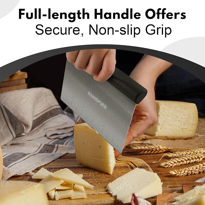 Rainspire Bench Scraper, Stainless Steel Dough Scraper, Pastry Scraper, Pizza and Dough Cutter Multi-Purpose Scraper/Chopper, Pizza Cutter Food Chopper Baking Supplies Kitchen Gadgets, Black | Dishwasher Safe Measurement Marks Non-slip Comfortable Hand...