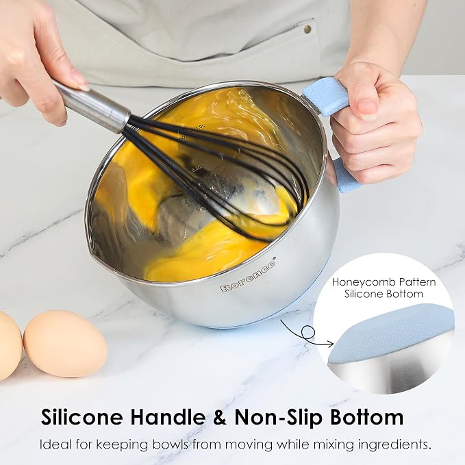Stainless Steel Mixing Bowls Set with Lids,1.5,3 & 5 Qt,Light Blue | Non-Slip Silicone Base,Precision Pour Spout,Ergonomic Easy-Grip Handle,Measurement Marks,Airtight Lids,Cooking & Meal Prep