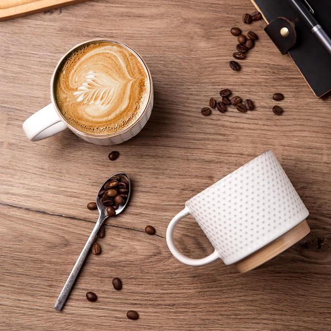 GBhome 15 OZ Stackable Coffee Mugs Set of 4, Ceramic Coffee Cups Set | 4 Assorted Designs, Embossed Mugs with Texture Patterns for Tea/Coffee, Dishwasher&Microwave Safe, Off White