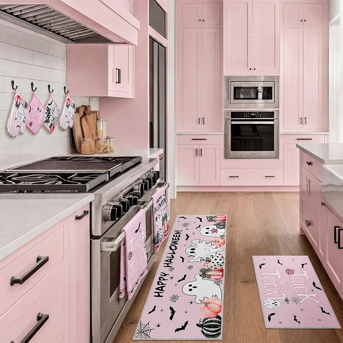 Fanfanwin 10 Pcs Pink Happy Halloween Kitchen Decor Set Pumpkins Ghost Boo Kitchen Rugs Towels Pot Holders Oven Mitts Trick or Treat Decorations for Halloween Baking Cooking BBQ