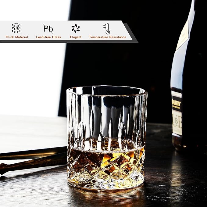 GLASKEY Whiskey Glasses Set of 4,Rock Glasses,11 oz Lead-Free Crystal Bourbon Glass,Old Fashioned Glass for Bourbon,Cognac,Irish Whisky,Personalised Whisky Glass Gift Set for Men,Dad,Brother