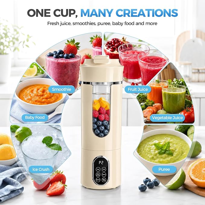 Beyn 530mL Portable Blender, Personal Smoothie Maker, USB-C Cordless, 12 Stainless Steel Blades, Leakproof Travel Cup, Digital One-Touch Self-Clean for Gym Home Office, (Yellow)