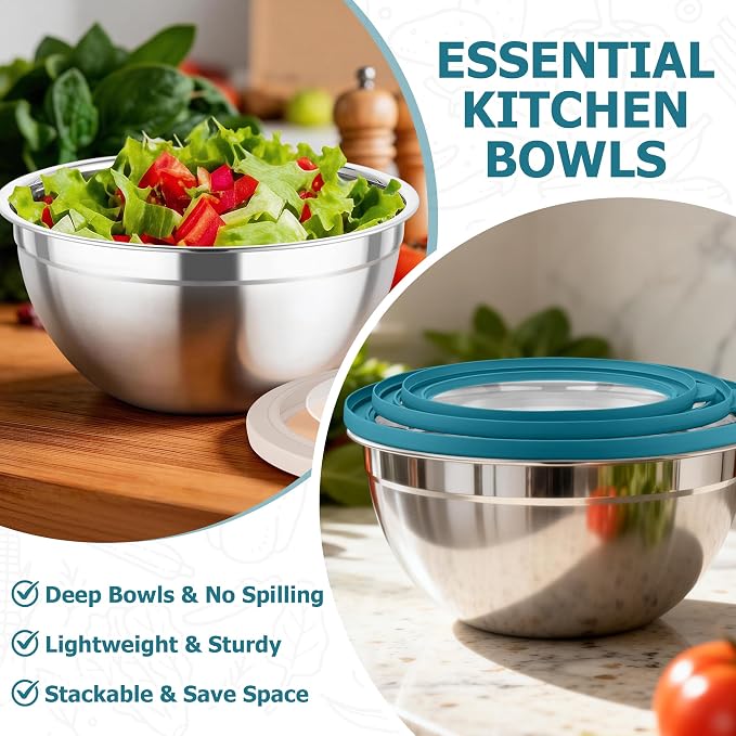 TeamFar Mixing Bowl Set, 4.5/3/1.5 QT Stainless Steel Nesting Salad Bowls | with Airtight Lids, For Serving/Mixing/Storing/Prepping, Non-Toxic & Sturdy, Visible & Easy Clean, Dark Blue, Set of 3
