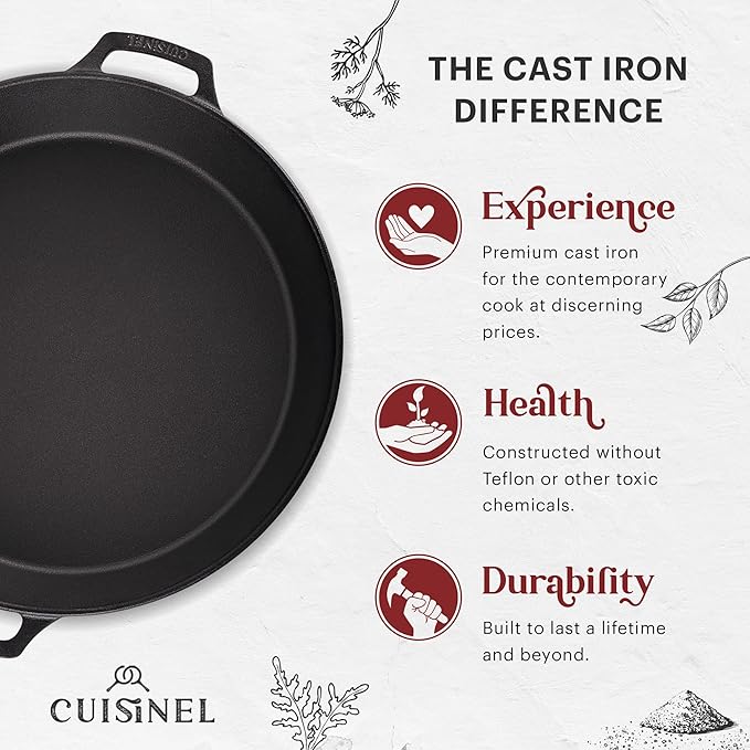 Cuisinel Cast Iron Skillet + Chainmail Scrubber - 15"-Inch Pre-Seasoned Dual Handle Braiser Frying Pan + Silicone Handle Covers - Oven, Grill, Stovetop, Fire, Kitchen Cookware - Indoor/Outdoor Use