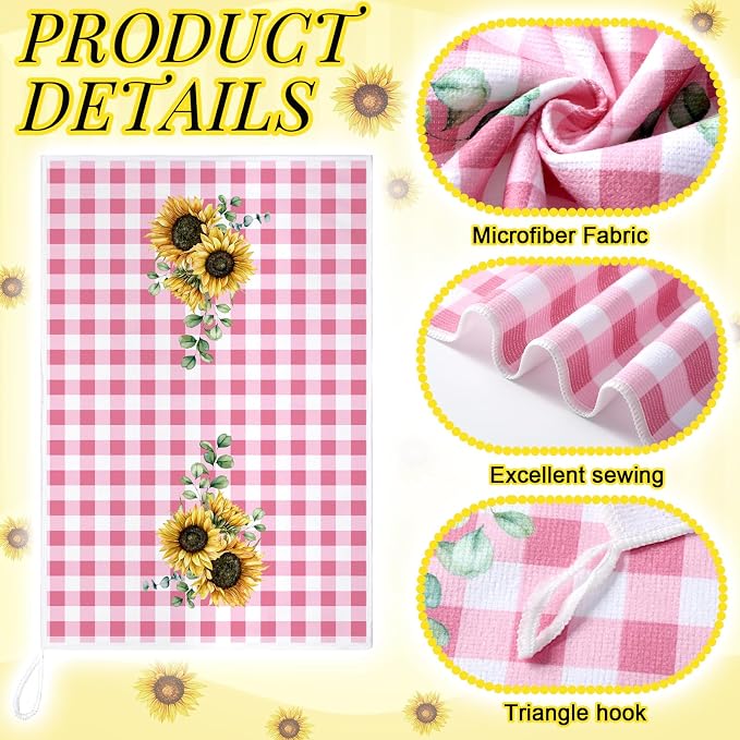 4 Pcs Sunflower Kitchen Towels Pink White Hand Dish Towels Gifts | Absorbent Sunshine Grid Fast Drying Decor Housewarming Gift for Cooking Bathroom Kitchen Decor