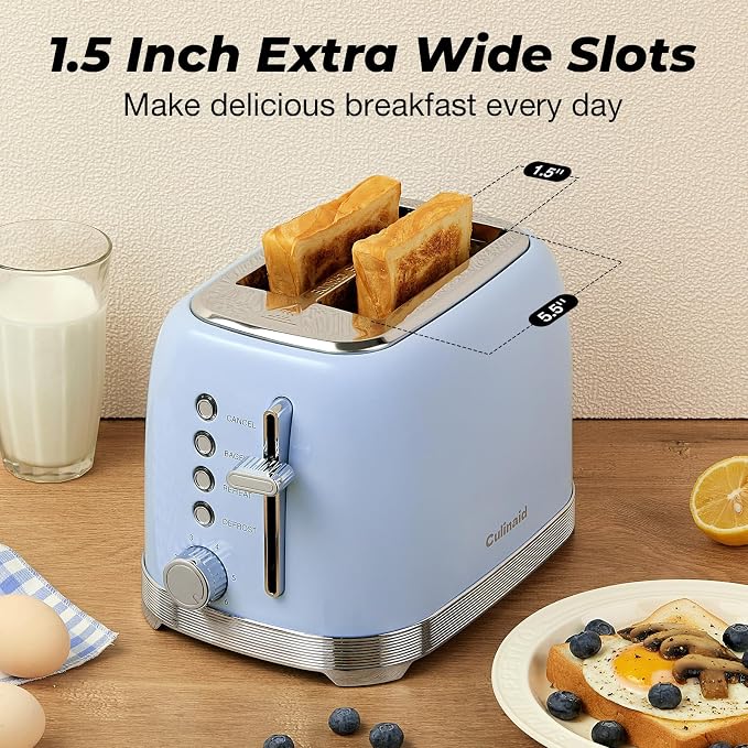 Toaster 2 Slice Retro Stainless Steel, Blue | 1.5” Extra Wide Slots with Bagel, Defrost, Reheat, Cancel Functions, 6 Bread Shade Settings, Removable Crumb Tray