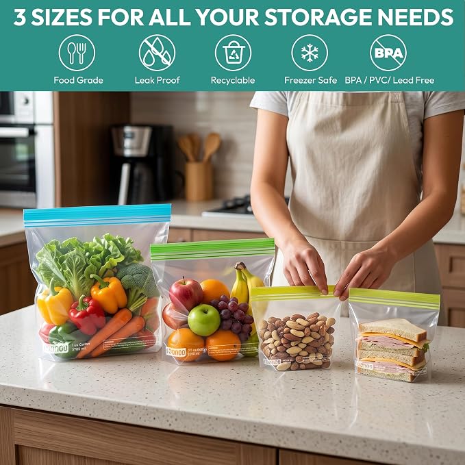 24 Pack Reusable Food Storage Bags Stand Up Dishwasher Safe BPA Free | Reusable Freezer Bags, Extra Thick Leakproof Ziplock Bags for Freezer Storage & Family Use (8 Gallon,8 Half Gallon, 8 Quart)