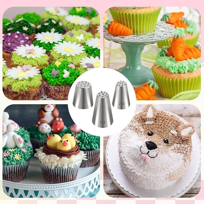 63pcs Grass Piping Tip and Bags Set, 2 Pastry Bag Ties, 2 Tips Cleaning Brush and 6 Pastry Couplers, Stainless Steel Grass Icing Tip for Cake Cupcakes Frosting Decoration DIY Baking Supplies