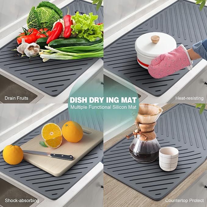 Dish Drying Mat, Silicone Dish Drying Mat for Kitchen Counter, Extra Thick & Large Dish Drainboard Mat with Built-in Drain, Non-silp, Heat Resistant, Dishwasher Safe (Black, 24" x 15")