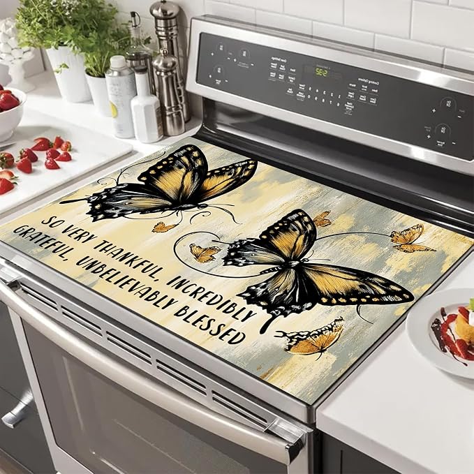 HOMETITUTE Spring Stove Top Covers for Electric Stove 28x20 Inches Butterfly Artwork Heat Resistant Glass Cooktop Pad Decorative Stovetop Cover for Kitchen Coffee Bar Decor